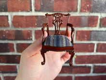 Load image into Gallery viewer, Dollhouse Miniatures ~ John Hodgson 1997 Resincast Wooden Arm Chair with Blue &amp; Green Striped Cushion
