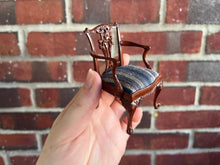 Load image into Gallery viewer, Dollhouse Miniatures ~ John Hodgson 1997 Resincast Wooden Arm Chair with Blue &amp; Green Striped Cushion
