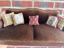 Load image into Gallery viewer, Dollhouse Miniatures ~ Desirée Lafuente 2010 Artisan Made Leather &amp; Brown Velvet Sofa Couch with Pillows Living Room
