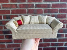 Load image into Gallery viewer, Dollhouse Miniatures ~ Ray Whitledge Handcrafted White Sofa Couch with Striped Fabric &amp; Throw Pillow
