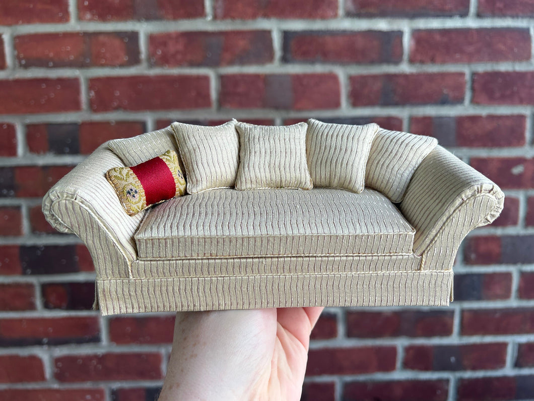 Dollhouse Miniatures ~ Ray Whitledge Handcrafted White Sofa Couch with Striped Fabric & Throw Pillow