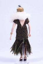 Load image into Gallery viewer, Dollhouse Miniatures ~ Handmade Porcelain Doll Dressed in 1920&#39;s - 1930&#39;s Black &amp; Gold Dress
