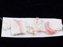 Load image into Gallery viewer, Dollhouse Miniatures ~ Hand Knit Baby Outfit with Sweater, Bonnet &amp; Booties, Vtg.
