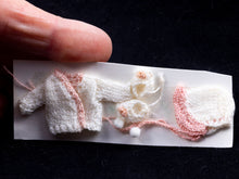 Load image into Gallery viewer, Dollhouse Miniatures ~ Hand Knit Baby Outfit with Sweater, Bonnet &amp; Booties, Vtg.
