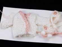 Load image into Gallery viewer, Dollhouse Miniatures ~ Hand Knit Baby Outfit with Sweater, Bonnet &amp; Booties, Vtg.
