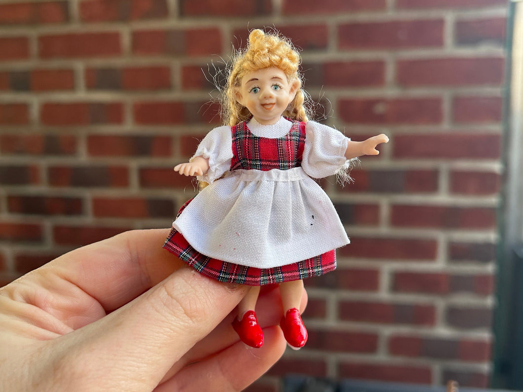 Dollhouse Miniatures ~ Christmas Elf Little Girl Doll in Red Plaid Tartan Dress and White Apron