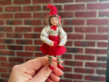 Load image into Gallery viewer, Dollhouse Miniatures ~ Girl Elf Doll in Red Skirt and Mistletoe Blouse Christmas Holiday December Winter Festive
