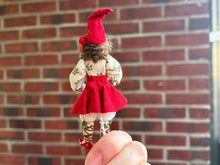 Load image into Gallery viewer, Dollhouse Miniatures ~ Girl Elf Doll in Red Skirt and Mistletoe Blouse Christmas Holiday December Winter Festive
