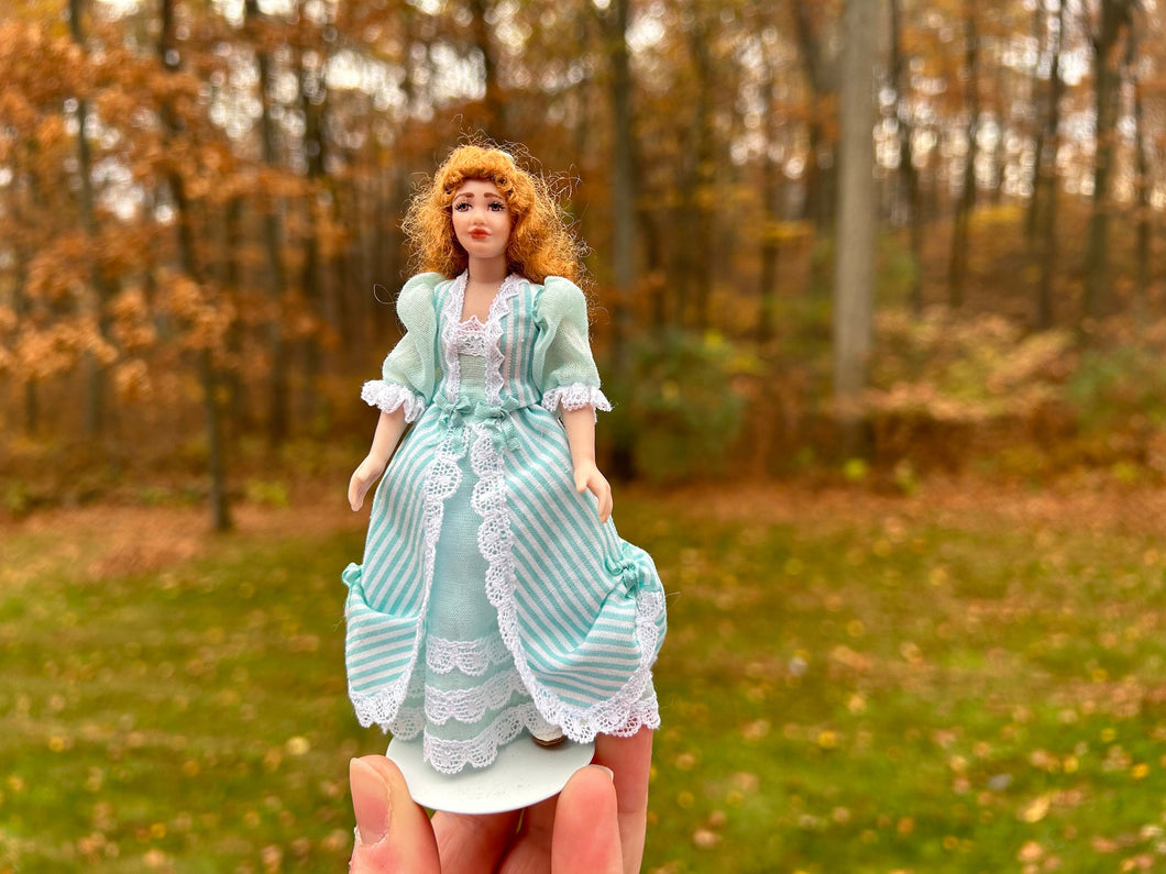 Dollhouse Miniatures ~ Debra Hammond Victorian Little Girl in Turquoise Striped Dress