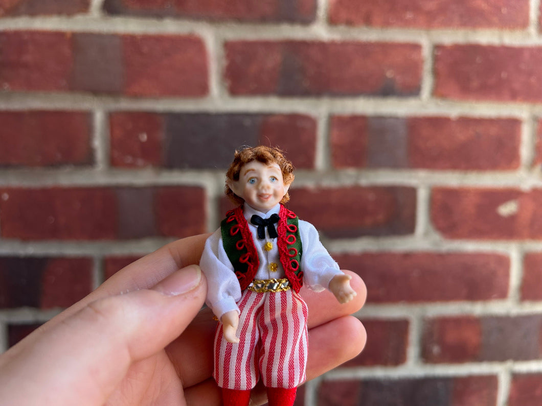 Dollhouse Miniatures  ~ Christmas Elf Little Boy in Striped Pants and Vest