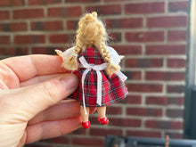 Load image into Gallery viewer, Dollhouse Miniatures ~ Christmas Elf Little Girl Doll in Red Plaid Tartan Dress and White Apron
