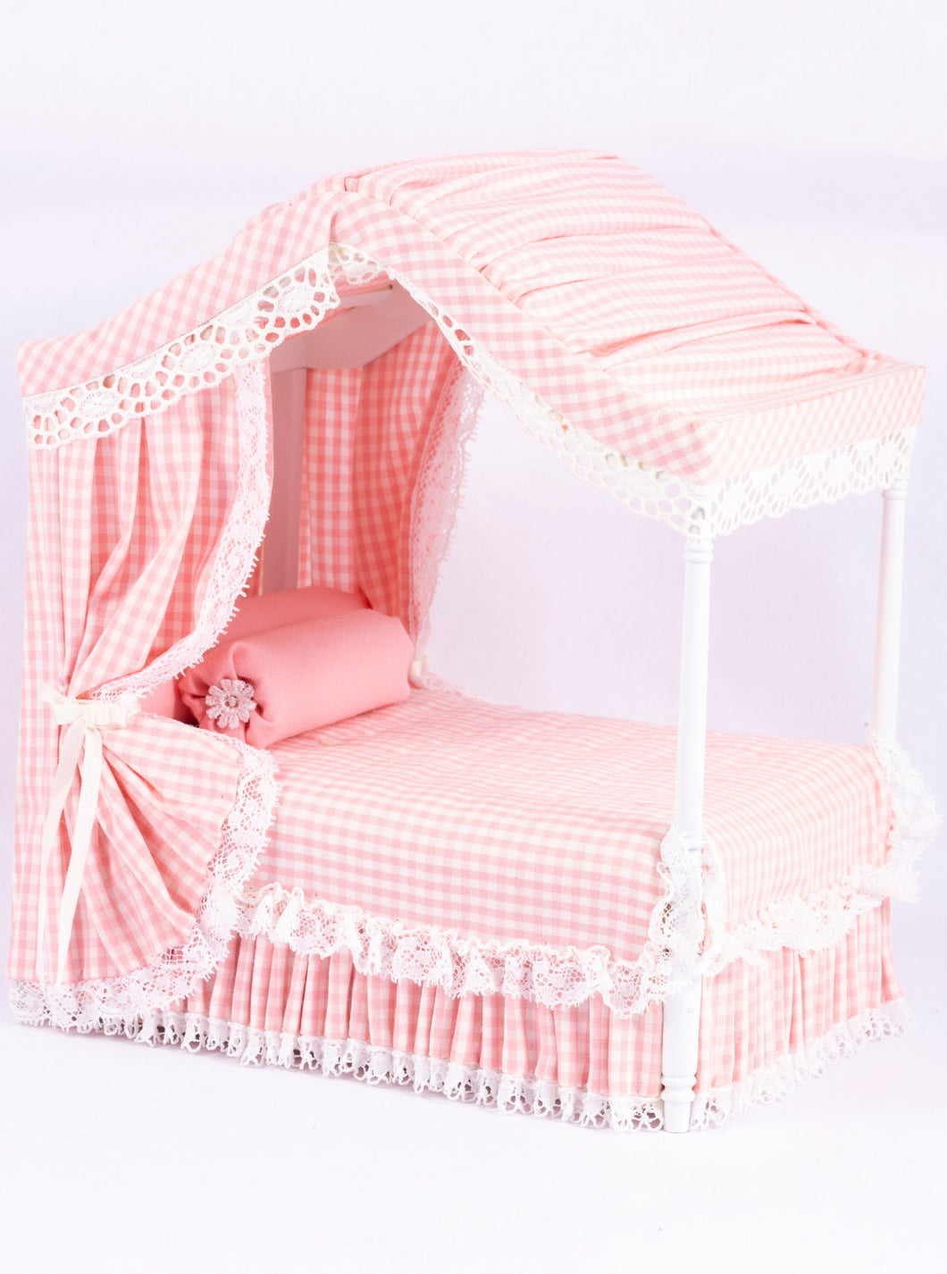 Dollhouse Miniature  ~ Decorated Canopy Bed with Pink & White Gingham Bedding