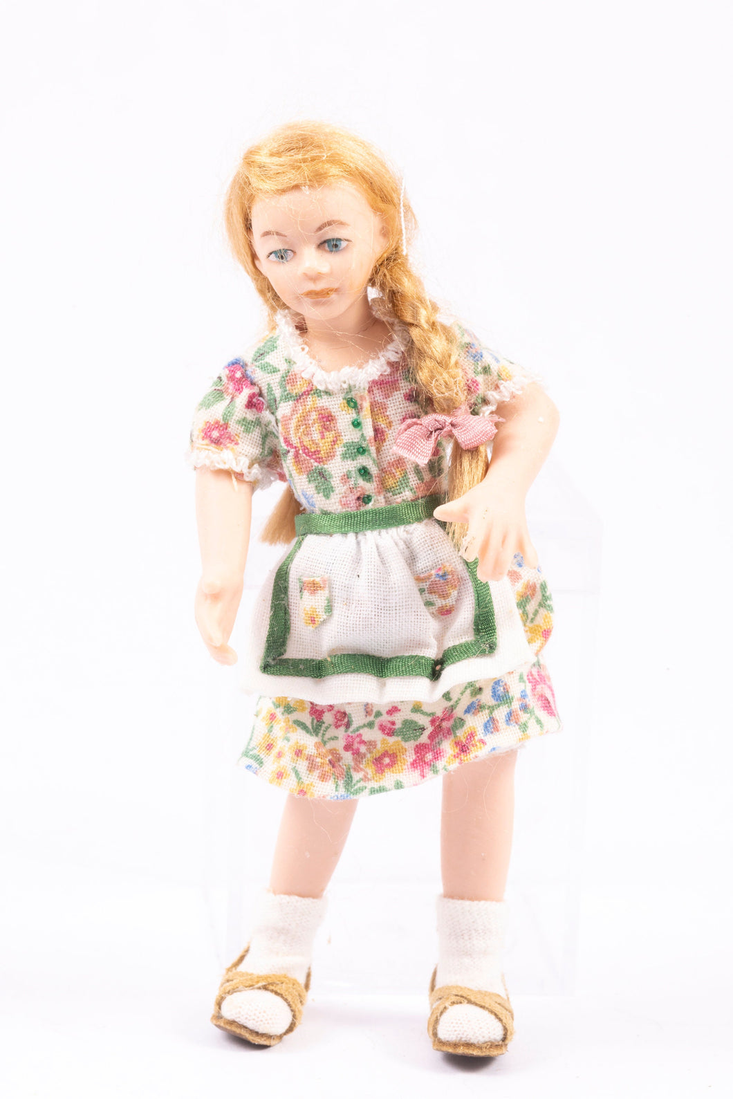 Dollhouse Miniature ~ Porcelain Young Girl Doll in Floral Dress with an Apron