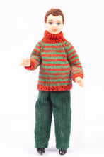Load image into Gallery viewer, Dollhouse Miniature ~ Porcelain Young Boy Doll in Terrific Hand Knit Red and Green Striped Sweater
