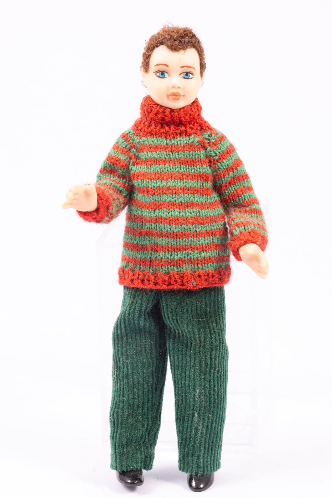 Dollhouse Miniature ~ Porcelain Young Boy Doll in Terrific Hand Knit Red and Green Striped Sweater