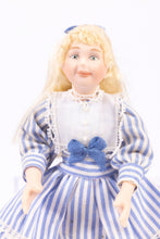 Load image into Gallery viewer, Dollhouse Miniature ~ Porcelain Young Girl Doll in Blue Pin Striped Dress
