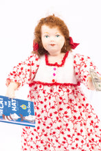 Load image into Gallery viewer, Dollhouse Miniature ~ Porcelain Young Girl Doll in Red Floral Dress with Book
