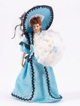 Load image into Gallery viewer, Dollhouse Miniature ~ Porcelain Woman Doll in 1900&#39;s Blue Dress &amp; Hat with Parasol
