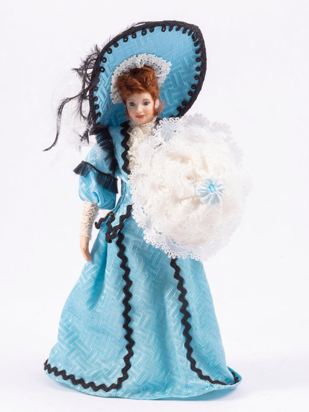 Dollhouse Miniature ~ Porcelain Woman Doll in 1900's Blue Dress & Hat with Parasol