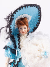 Load image into Gallery viewer, Dollhouse Miniature ~ Porcelain Woman Doll in 1900&#39;s Blue Dress &amp; Hat with Parasol
