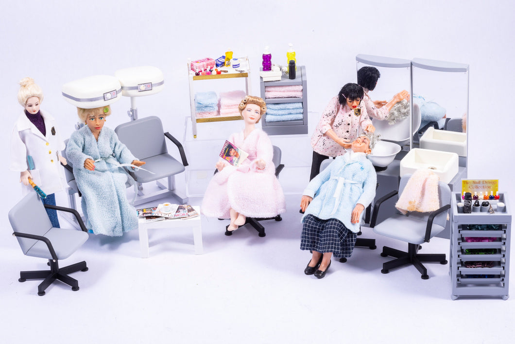 Dollhouse Miniature  ~ Terrific Hair Salon with Hand Sculpted Dolls & Accessories - From Ursula Sauerberg Estate