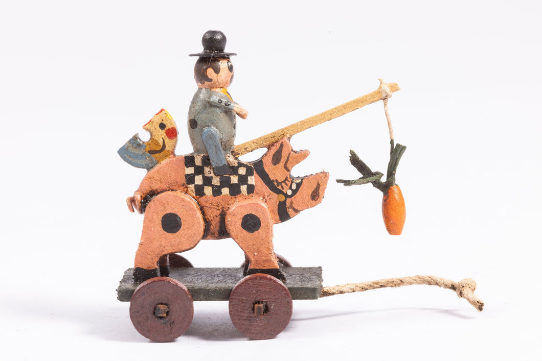 Dollhouse Miniature ~ Handmade Cheryl Hollis Vintage 1987 Man Riding Pig with Carrot Pull Toy