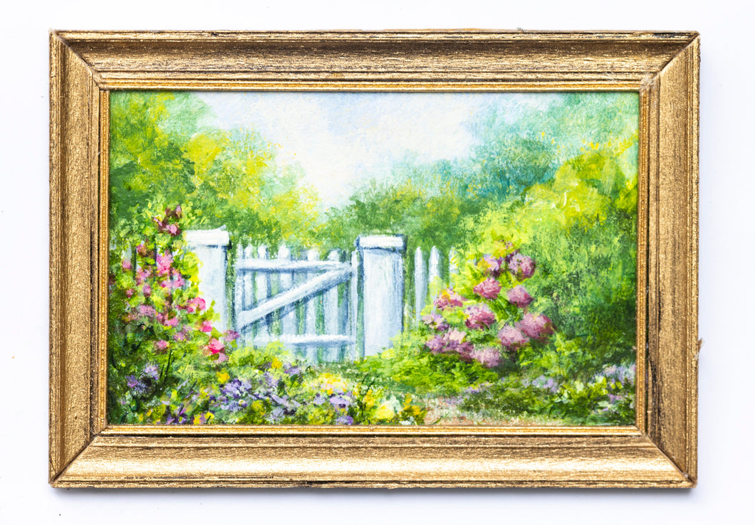 Dollhouse Miniature ~ Signed  Painting - Flower Garden with White Fence