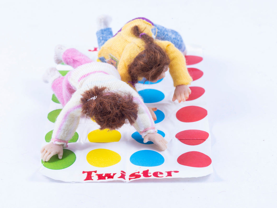 Dollhouse Miniature ~ TWO! Hand Sculpted Young Girls Playing Twister