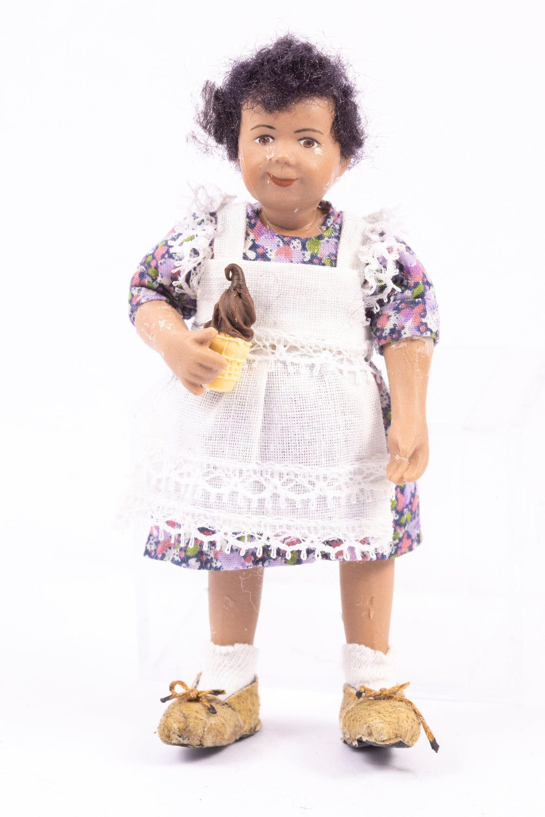 Dollhouse Miniature ~ Porcelain Ethnic Young Girl Doll in Floral Dress with white Apron