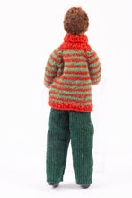 Load image into Gallery viewer, Dollhouse Miniature ~ Porcelain Young Boy Doll in Terrific Hand Knit Red and Green Striped Sweater
