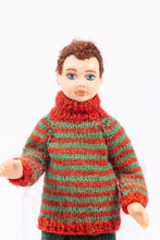 Load image into Gallery viewer, Dollhouse Miniature ~ Porcelain Young Boy Doll in Terrific Hand Knit Red and Green Striped Sweater
