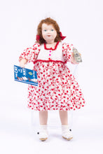 Load image into Gallery viewer, Dollhouse Miniature ~ Porcelain Young Girl Doll in Red Floral Dress with Book
