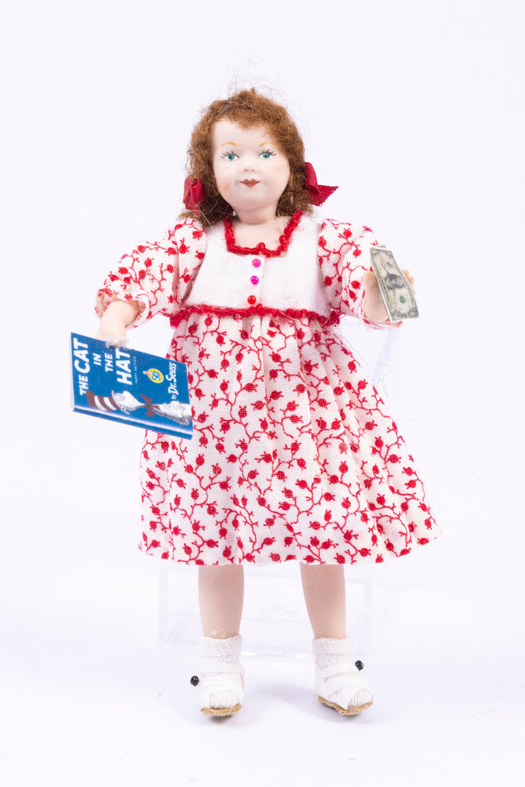 Dollhouse Miniature ~ Porcelain Young Girl Doll in Red Floral Dress with Book