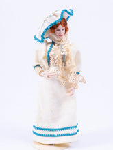 Load image into Gallery viewer, Dollhouse Miniature ~ Porcelain Woman Doll in 1900&#39;s White Dress &amp; Hat with Turquoise Trim
