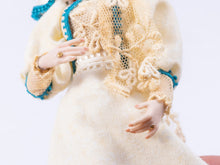 Load image into Gallery viewer, Dollhouse Miniature ~ Porcelain Woman Doll in 1900&#39;s White Dress &amp; Hat with Turquoise Trim

