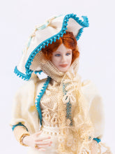 Load image into Gallery viewer, Dollhouse Miniature ~ Porcelain Woman Doll in 1900&#39;s White Dress &amp; Hat with Turquoise Trim
