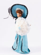 Load image into Gallery viewer, Dollhouse Miniature ~ Porcelain Woman Doll in 1900&#39;s Blue Dress &amp; Hat with Parasol
