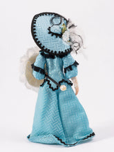 Load image into Gallery viewer, Dollhouse Miniature ~ Porcelain Woman Doll in 1900&#39;s Blue Dress &amp; Hat with Parasol
