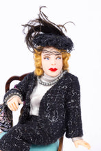 Load image into Gallery viewer, Dollhouse Miniature ~ Twin Minis Hand Sculpted Woman Doll in Sitting Position with Black Dress &amp; Hat - Now on Sale
