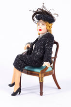 Load image into Gallery viewer, Dollhouse Miniature ~ Twin Minis Hand Sculpted Woman Doll in Sitting Position with Black Dress &amp; Hat - Now on Sale
