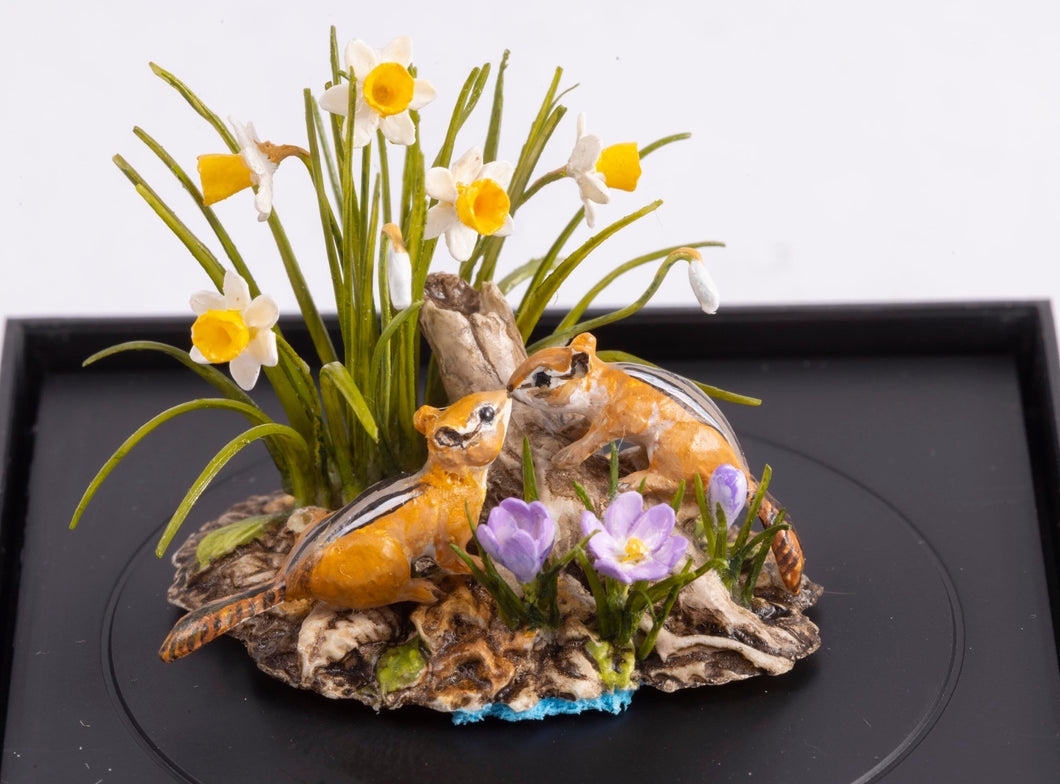 Dollhouse Miniature ~ Mary McGrath Chipmunks with Daffodils