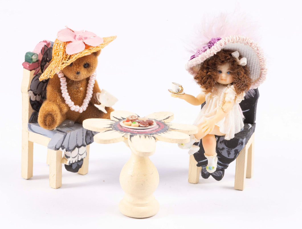 Dollhouse Miniature ~ Hand Sculpted Little Girl Doll & Teddy Bear For Tea by Linda Farris