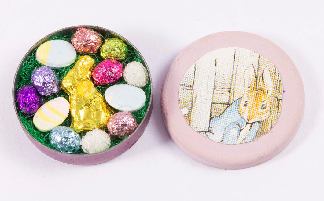 Dollhouse Miniature ~ Easter Tin with Chocolate Bunny & Eggs