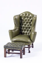 Load image into Gallery viewer, Dollhouse Miniature ~ Gorgeous Green Leather Wing Back Chair &amp; Ottoman by Joan Ince
