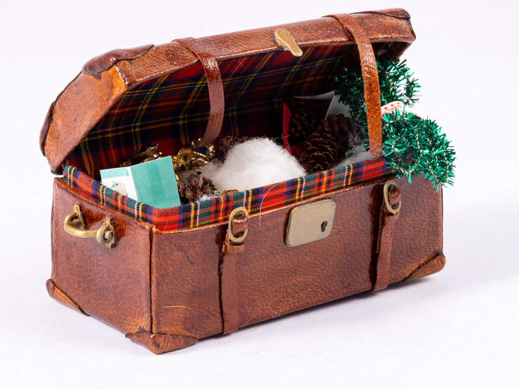 Dollhouse Miniature ~ Decorated Leather Trunk with Christmas Decor -  From Lee Lefkowitz Collection