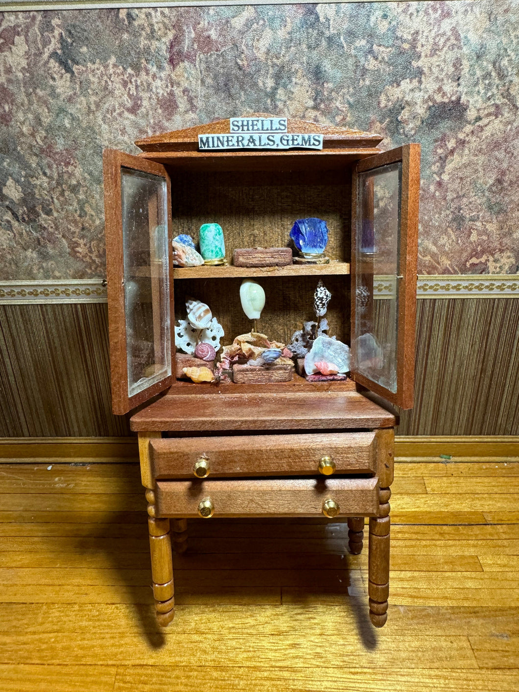 Dollhouse Miniature ~ Shells,Minerals,Gems Decorated Display Case from The Small Sea Museum In California