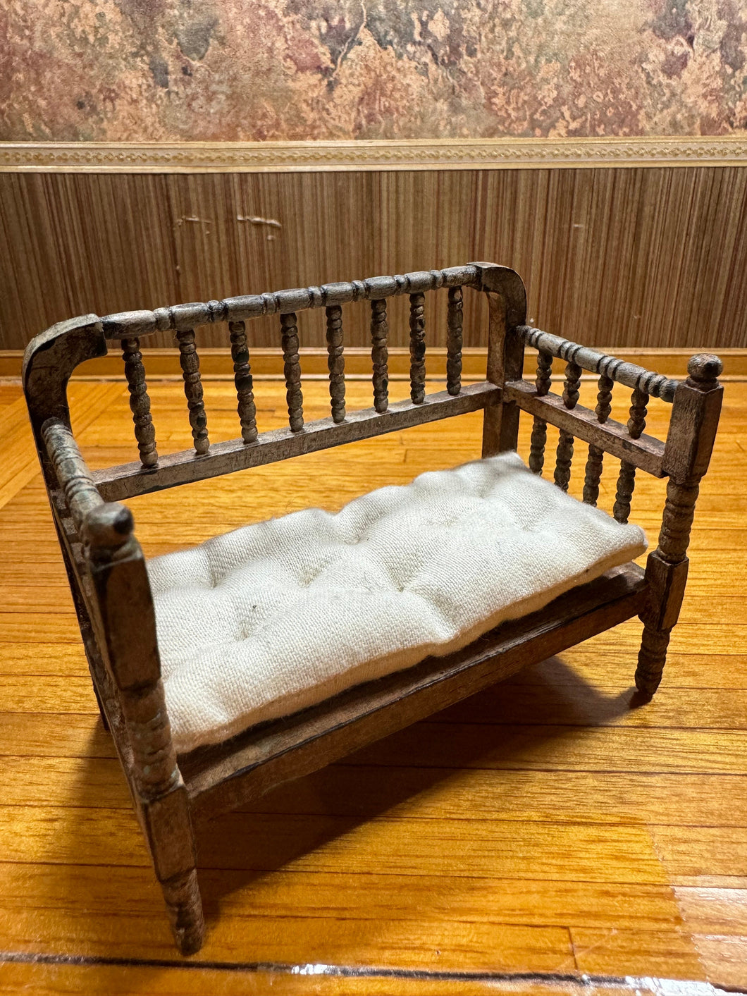 Dollhouse Miniature ~ Artisan Vera Handmade Entryway Bench Cushioned Shabby/Aged Style