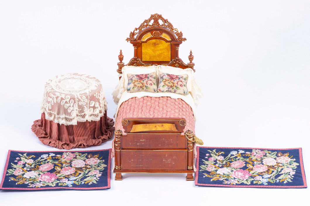 Dollhouse Miniature ~ Lilli Ann Hamilton Dressed Bed & Matching Table,  From Lee Lefkowitz Collection
