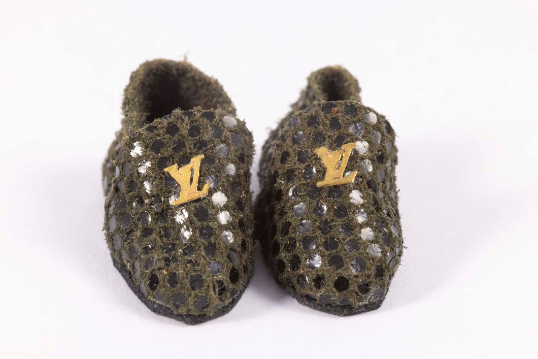 Dollhouse Miniature ~Handmade Pair of Fancy Louis V Mens Black Slippers, From Lee Lefkowitz Collection
