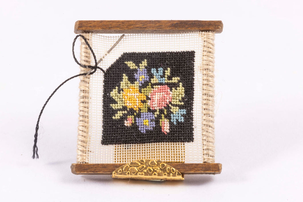 Dollhouse Miniature ~ Small Needlepoint Frame on Brass Stand, From Lee Lefkowitz Collection